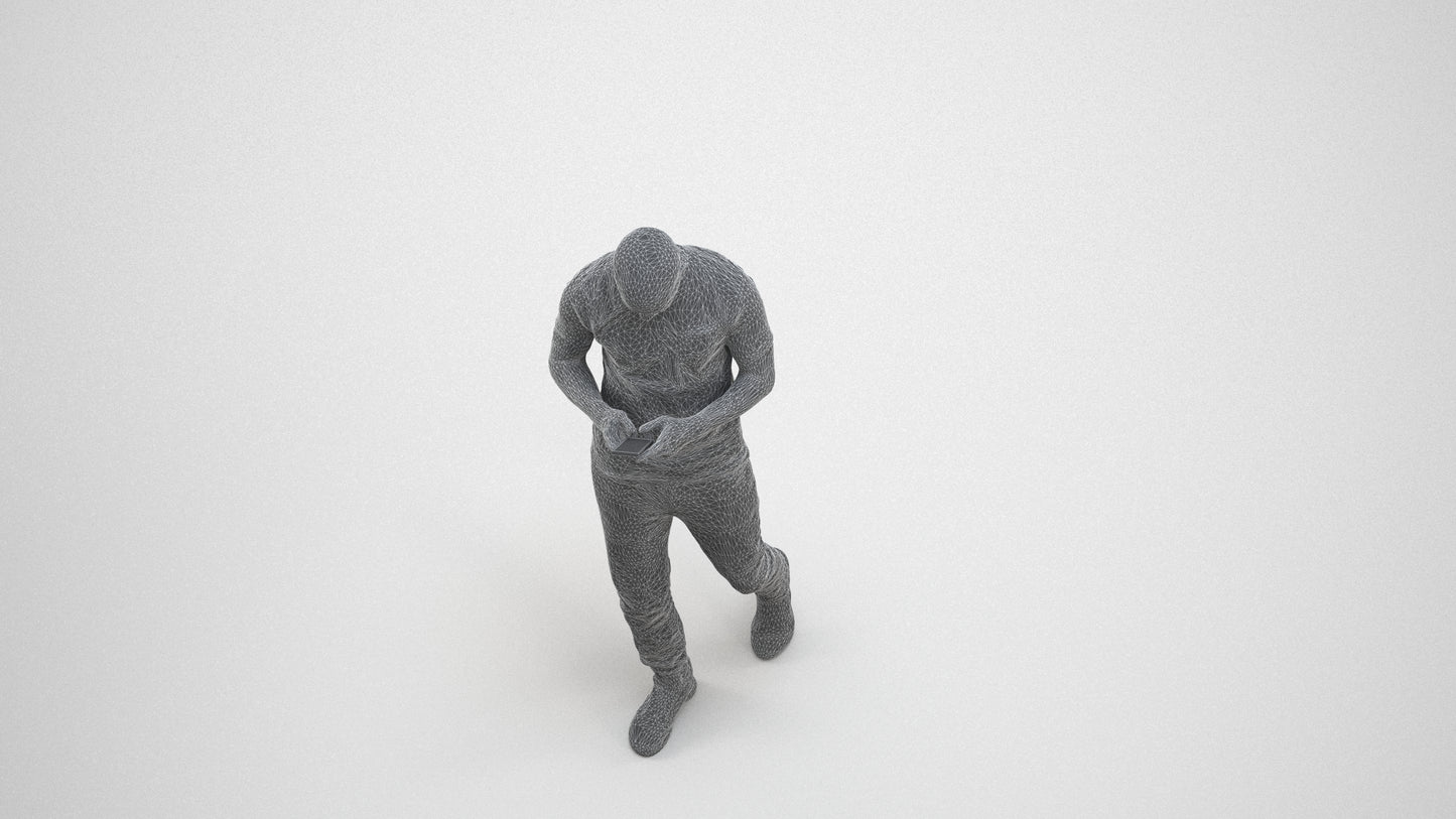 3D scanned man walking casual, photorealistic archviz people for Enscape and SketchUp, wireframe three-quarter view