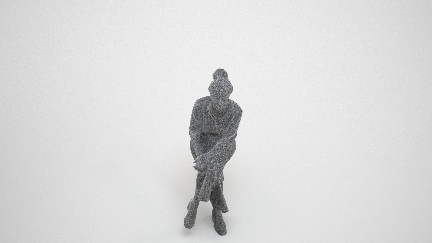 photogrammetry 3D woman casual sitting, realistic human model archviz FBX, wireframe three-quarter view