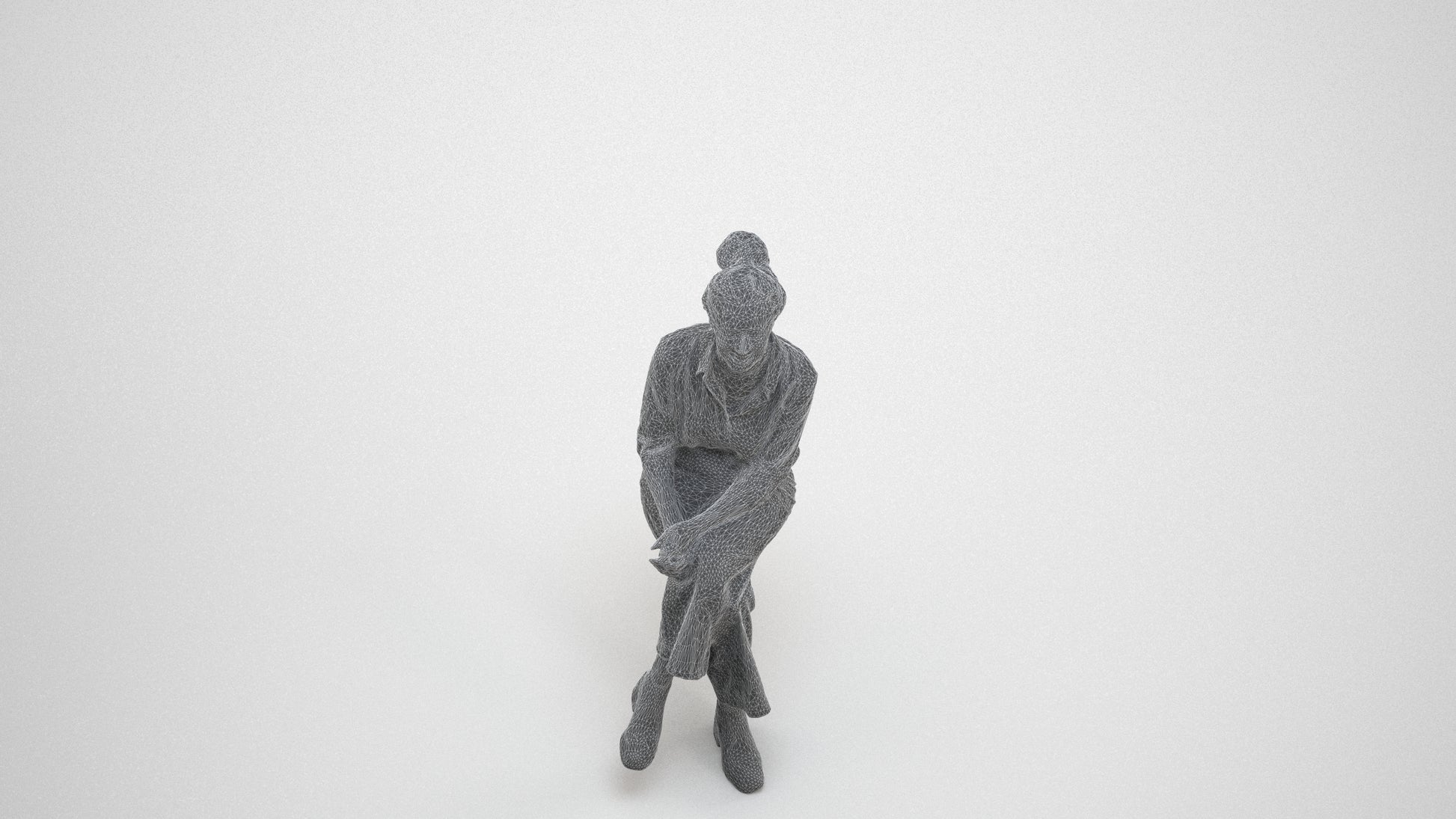 photogrammetry 3D woman casual sitting, realistic human model archviz FBX, wireframe three-quarter view
