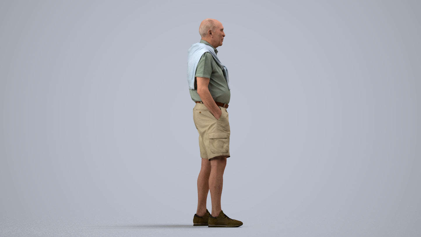 photogrammetry 3D senior man casual standing, realistic human model archviz FBX, side view render