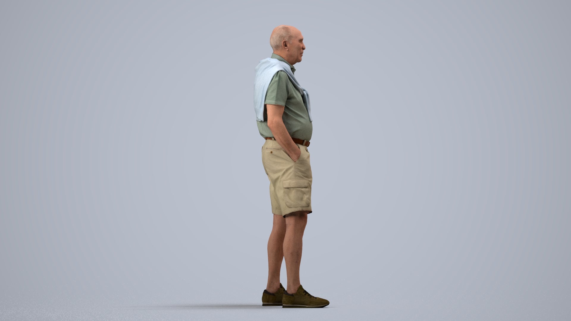 photogrammetry 3D senior man casual standing, realistic human model archviz FBX, side view render