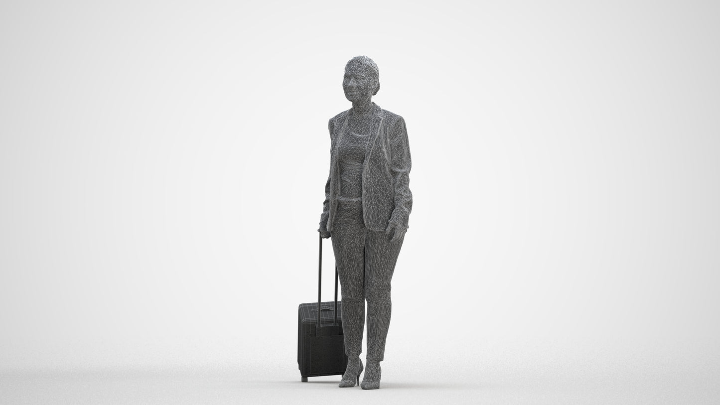 3D scanned woman walking business, photorealistic archviz people for Enscape and SketchUp, three-quarter front view render