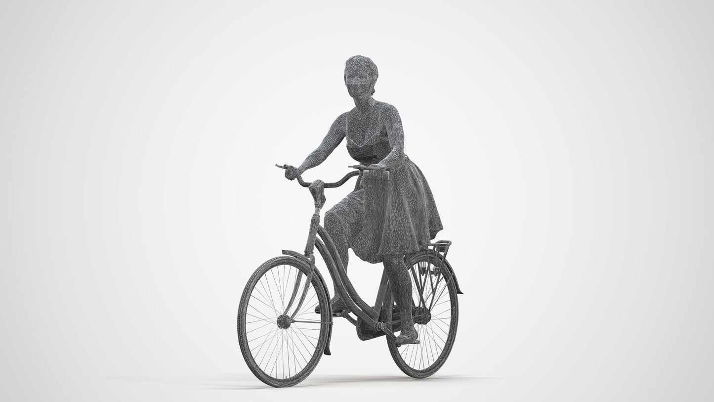 realistic 3D human woman formal cycling, archviz people FBX OBJ for Blender, three-quarter front view render