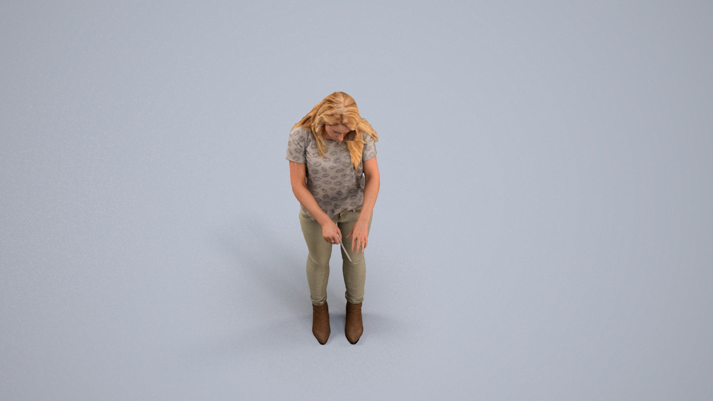 3D human model woman casual standing, photogrammetry scanned person for archviz, back view render