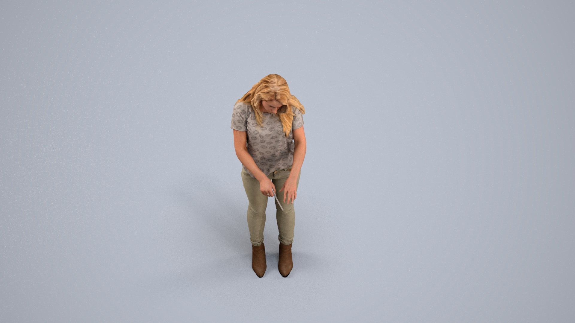 3D human model woman casual standing, photogrammetry scanned person for archviz, back view render