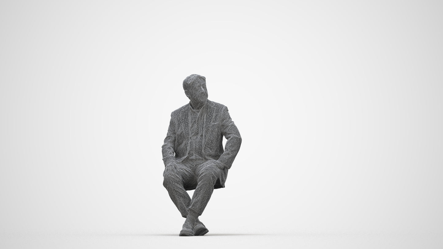 3D people model senior man business sitting, scanned human for 3ds Max rendering, wireframe back view