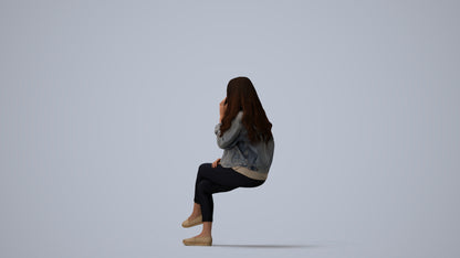 realistic 3D human woman casual sitting, archviz people FBX OBJ for Blender, three-quarter view render
