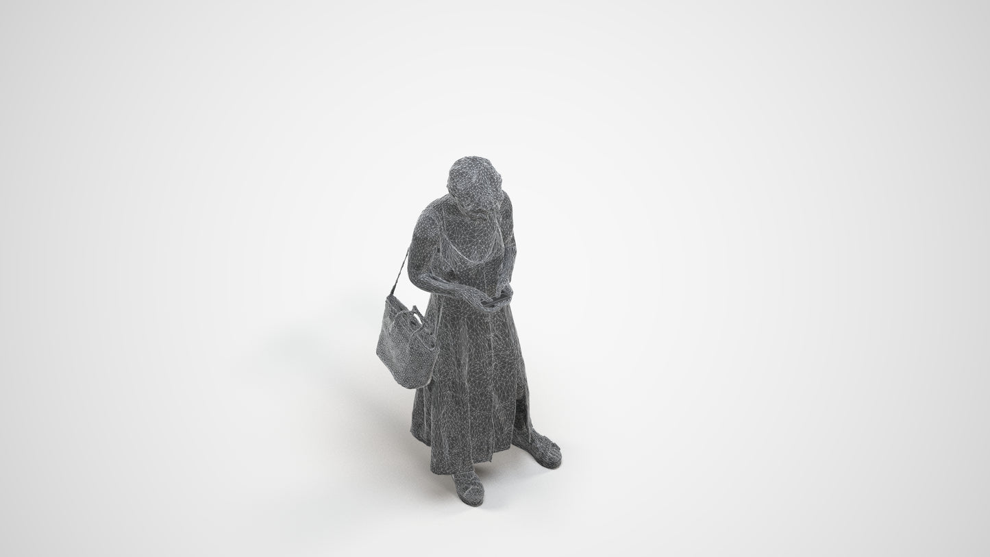photogrammetry 3D senior woman standing, realistic human model archviz FBX, wireframe three-quarter view