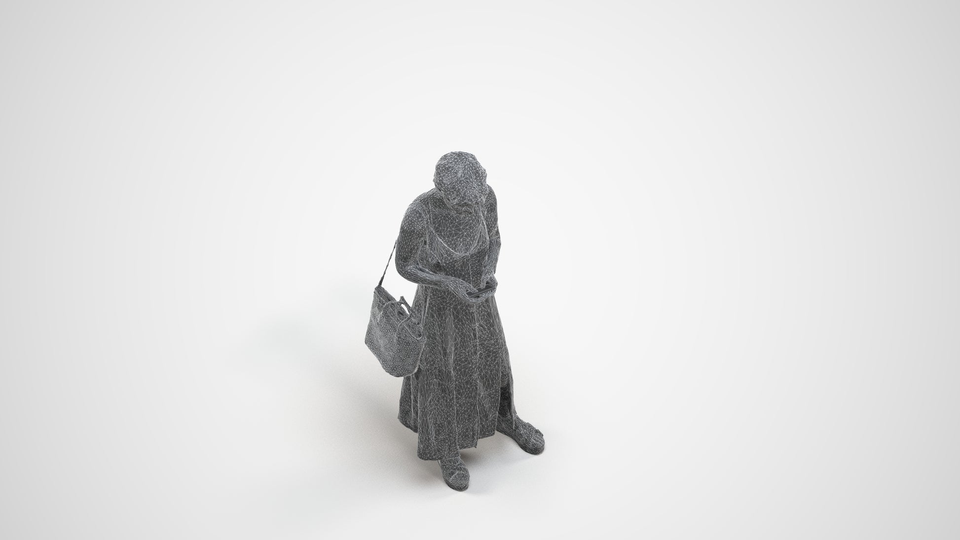 photogrammetry 3D senior woman standing, realistic human model archviz FBX, wireframe three-quarter view