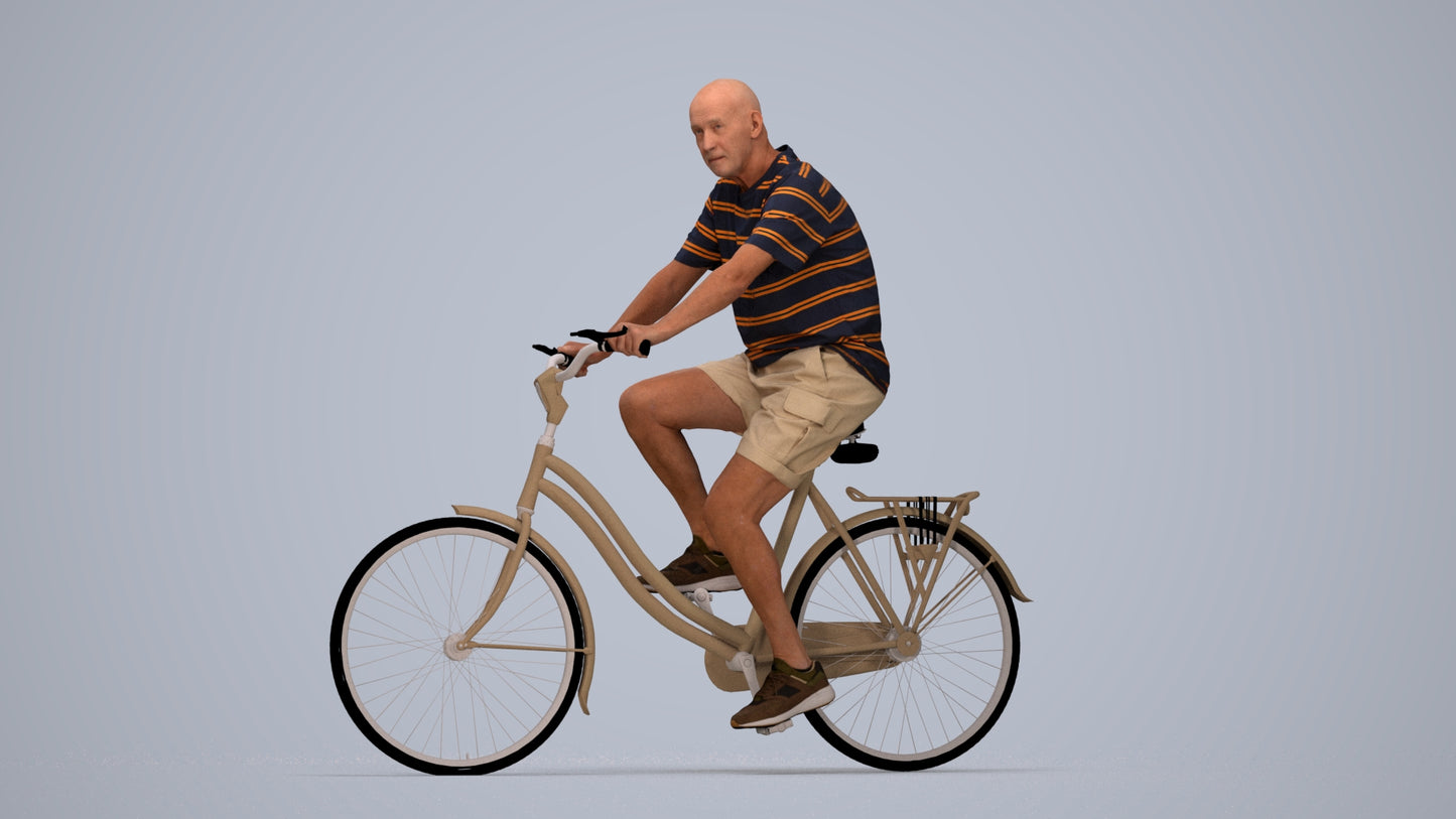 scanned 3D senior man casual cycling, photogrammetry people for Enscape and V-Ray, top-down view render