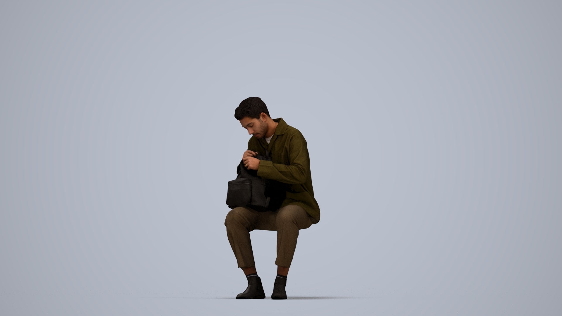 scanned 3D man casual sitting, photogrammetry people for Enscape and V-Ray, top-down view render
