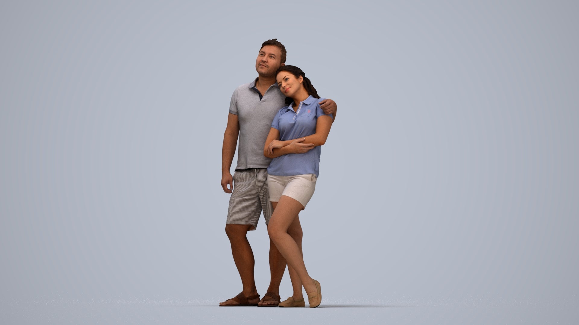 realistic 3D human woman casual couple, archviz people FBX OBJ for Blender, top-down view render