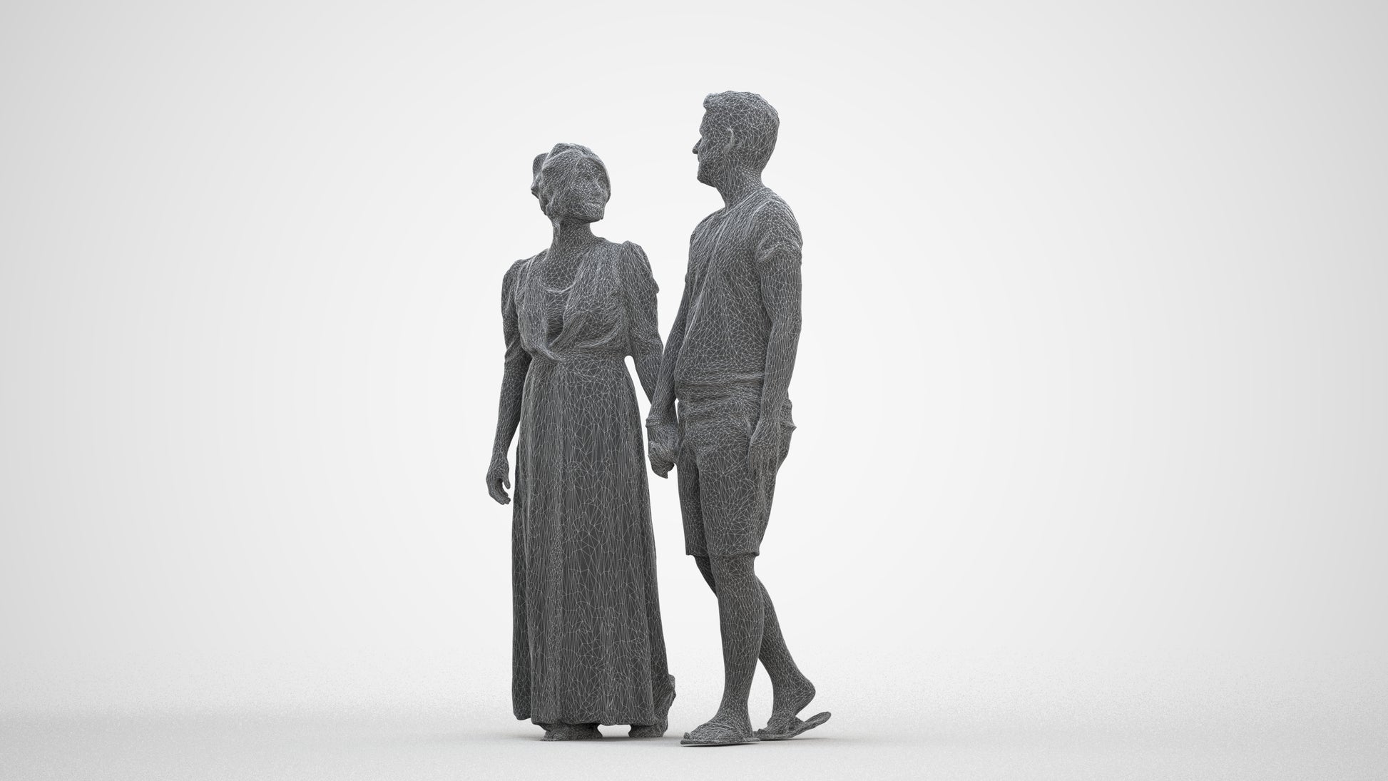 3D human model woman couple, photogrammetry scanned person for archviz, three-quarter front view render