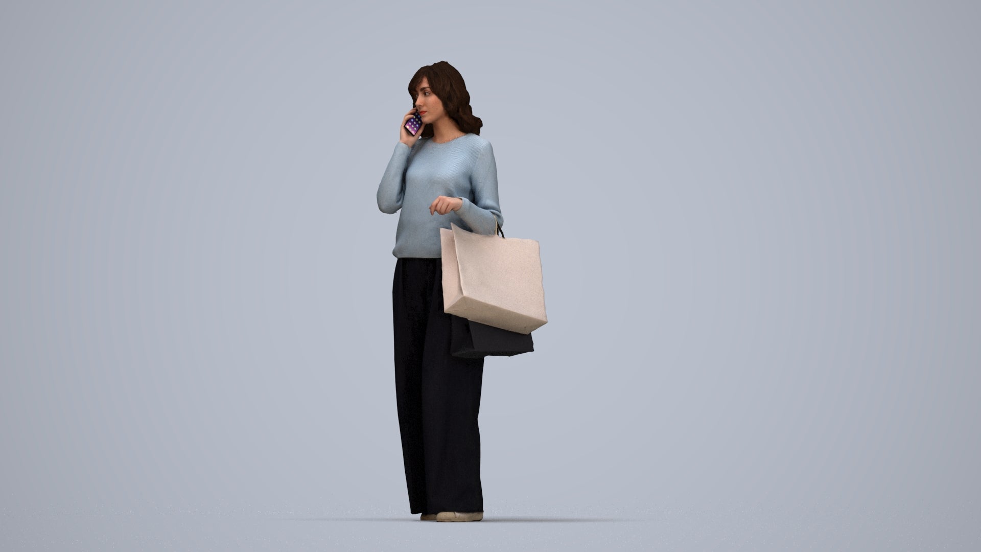 realistic 3D people woman casual walking, render-ready for V-Ray and Corona, FBX OBJ, top-down view render