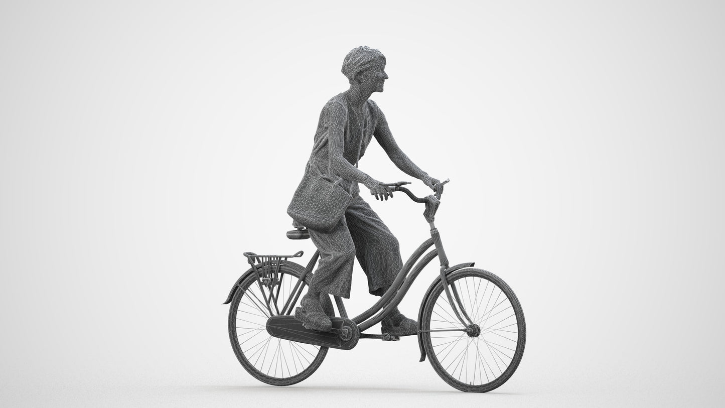 3D scanned senior woman cycling casual, photorealistic archviz people for Enscape and SketchUp, wireframe side view