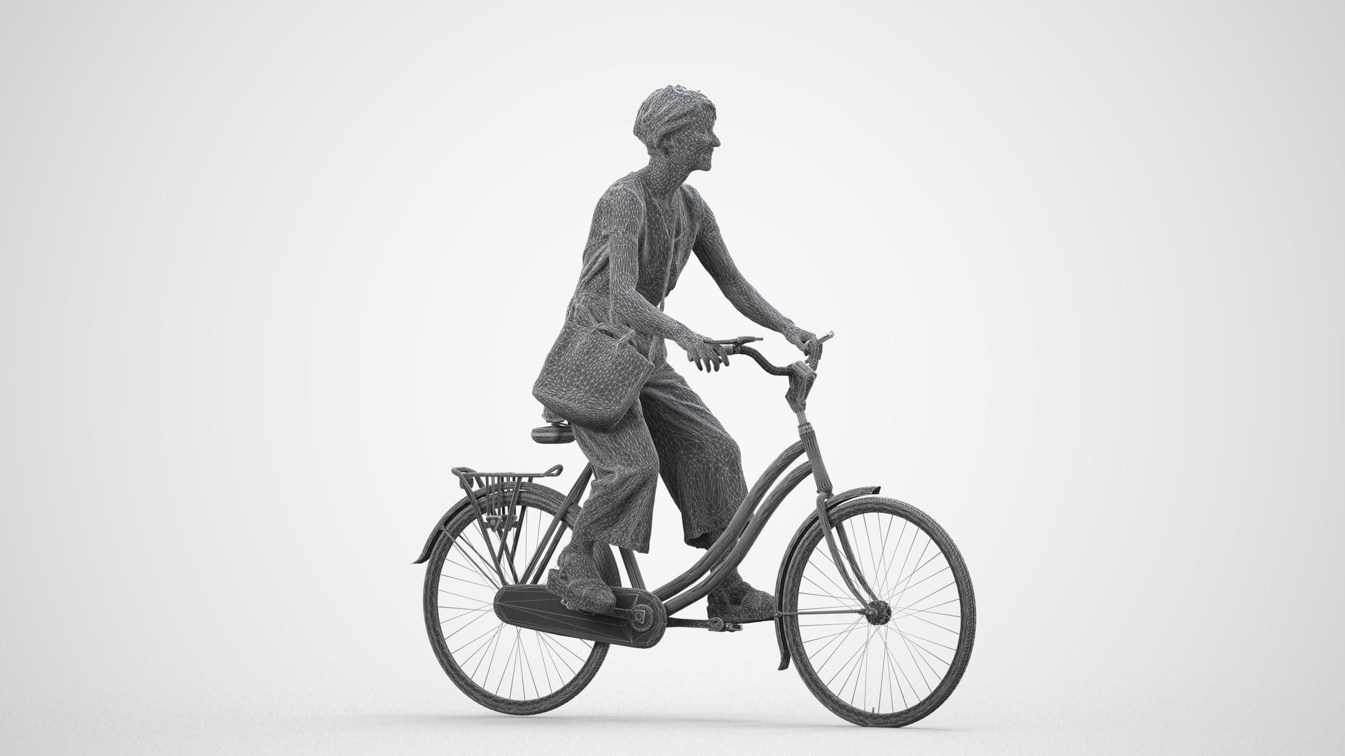 3D scanned senior woman cycling casual, photorealistic archviz people for Enscape and SketchUp, wireframe side view
