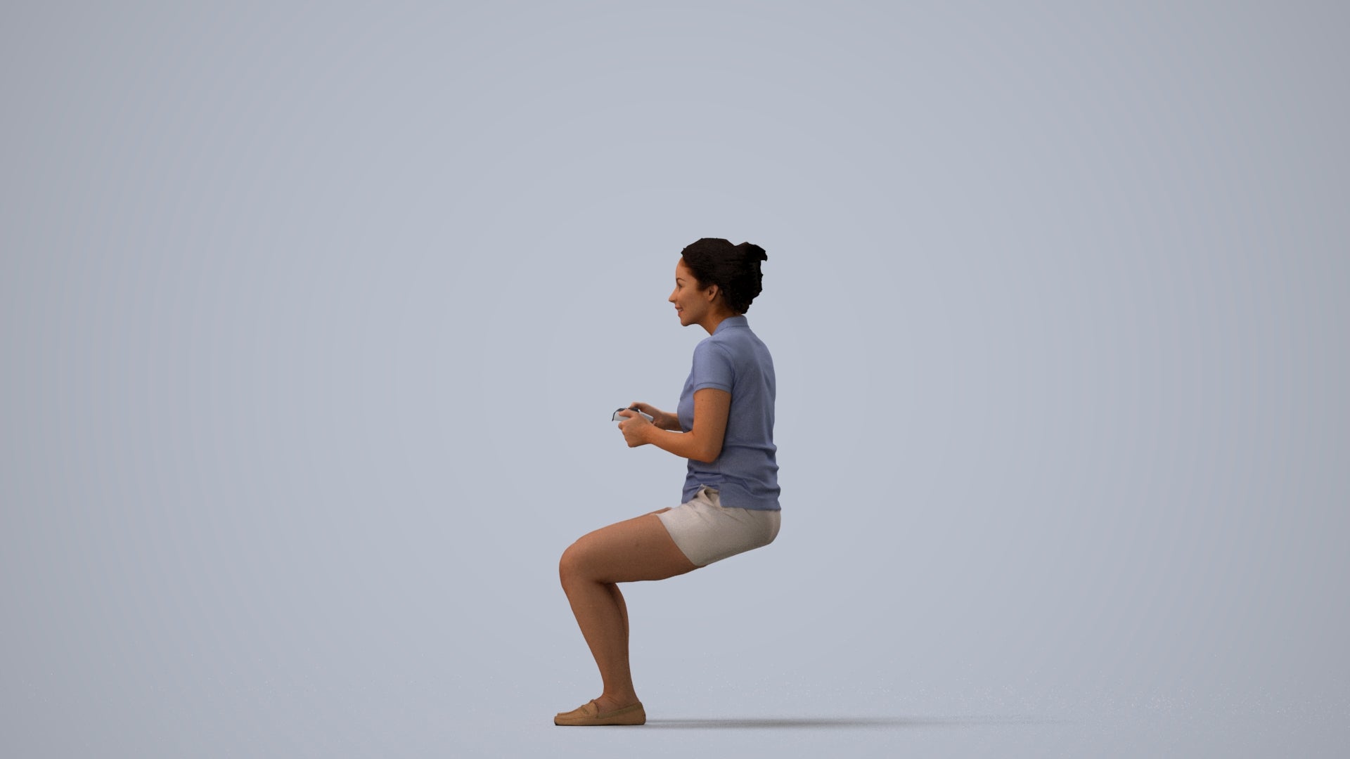 3D scanned woman sitting casual, photorealistic archviz people for Enscape and SketchUp, three-quarter view render