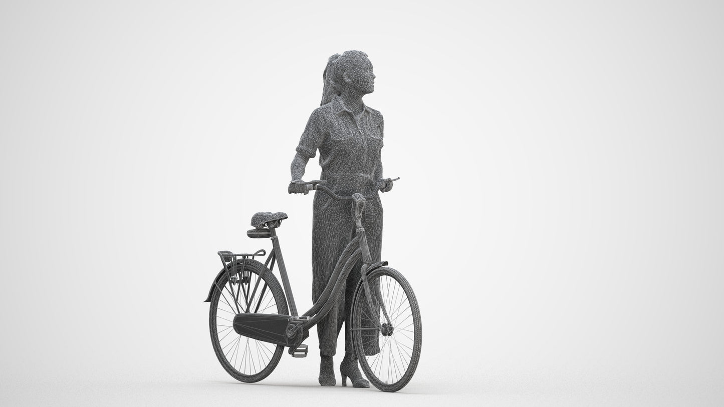 realistic 3D woman formal cycling, scanned archviz people for Blender and 3ds Max, three-quarter front view render