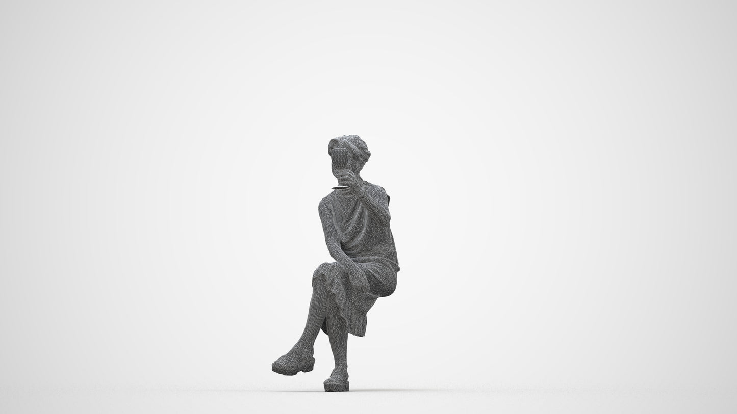 3D scanned woman sitting casual, photorealistic archviz people for Enscape and SketchUp, wireframe back view