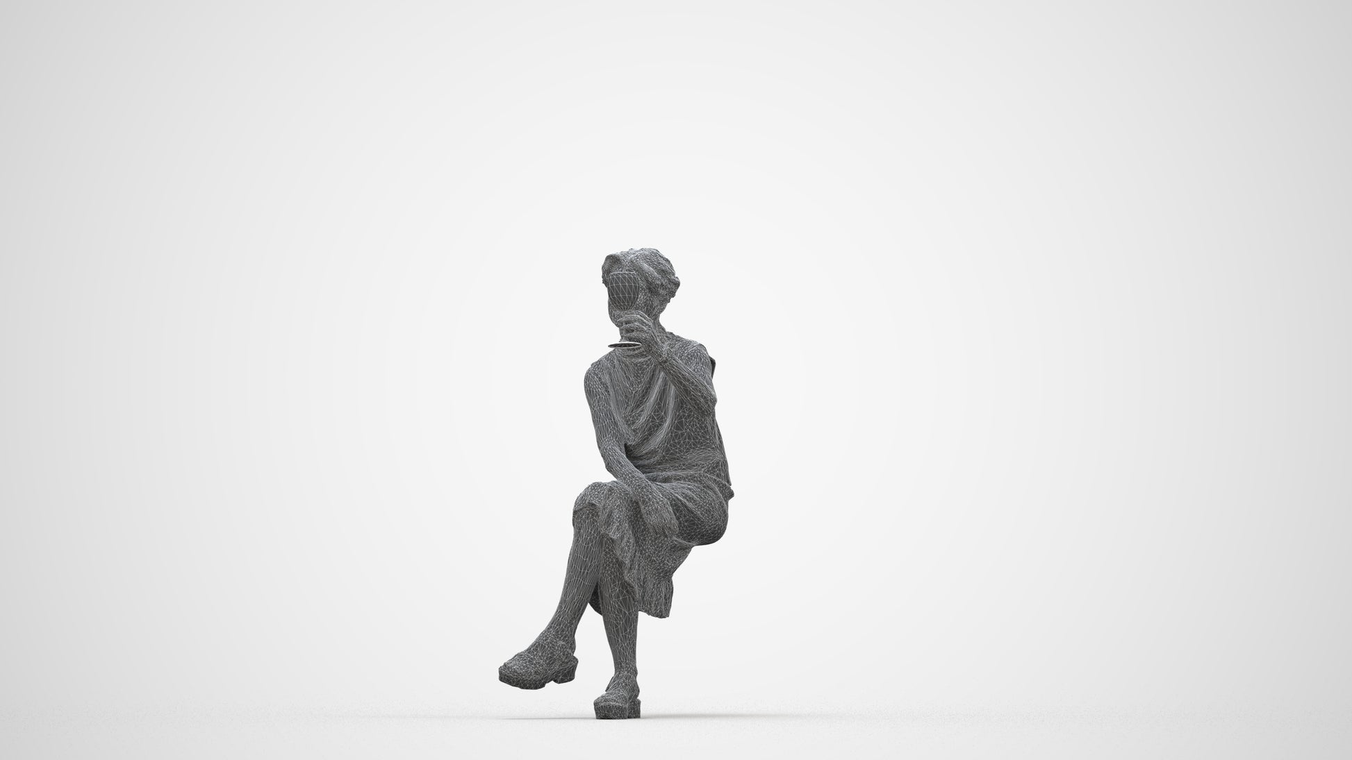 3D scanned woman sitting casual, photorealistic archviz people for Enscape and SketchUp, wireframe back view