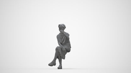 3D scanned woman sitting casual, photorealistic archviz people for Enscape and SketchUp, wireframe back view