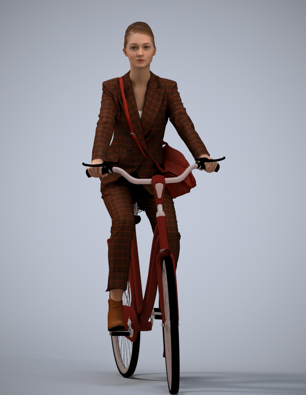 3D human model woman business cycling, photogrammetry scanned person for archviz