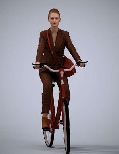 3D human model woman business cycling, photogrammetry scanned person for archviz