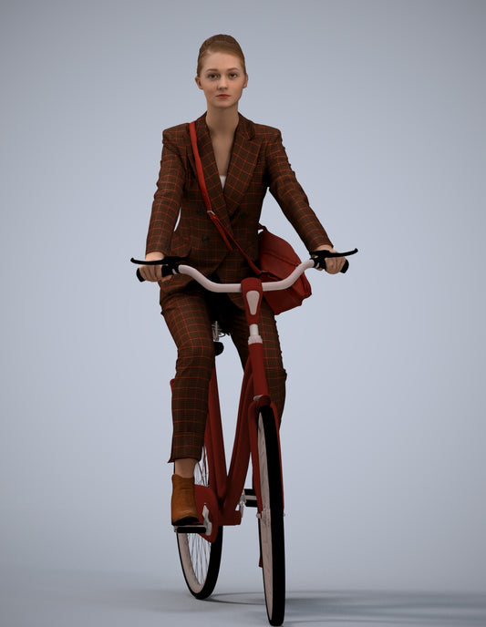 3D human model woman business cycling, photogrammetry scanned person for archviz