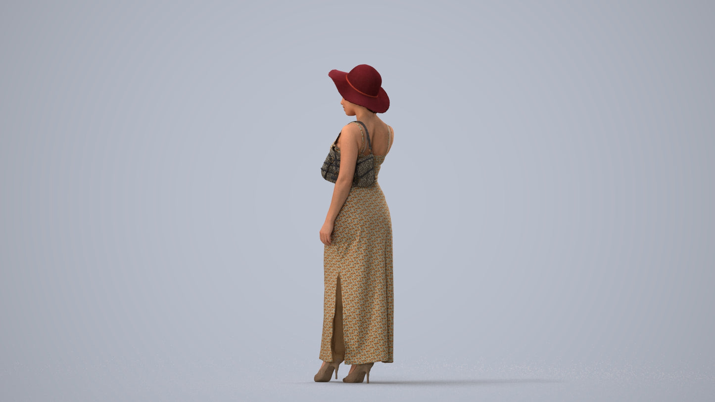 3D human model woman casual standing, photogrammetry scanned person for archviz, three-quarter view render