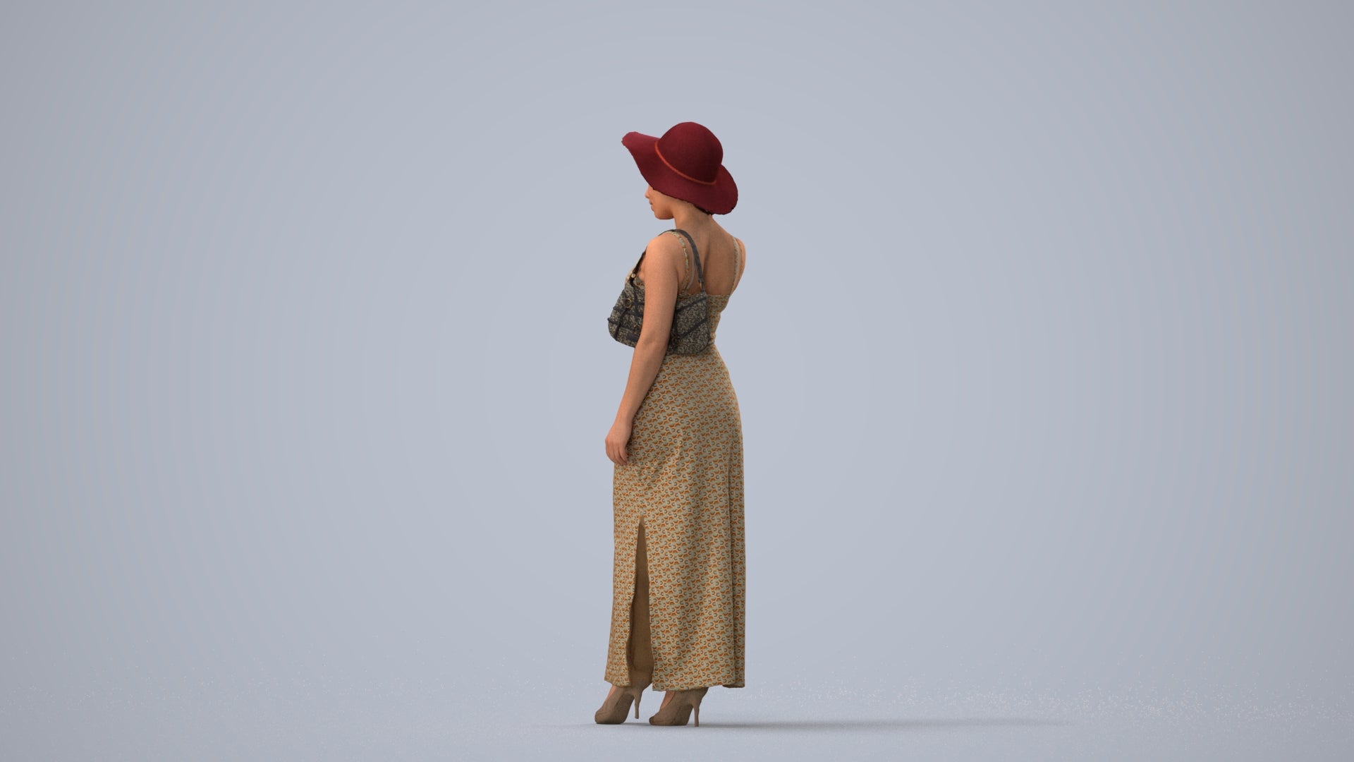 3D human model woman casual standing, photogrammetry scanned person for archviz, three-quarter view render