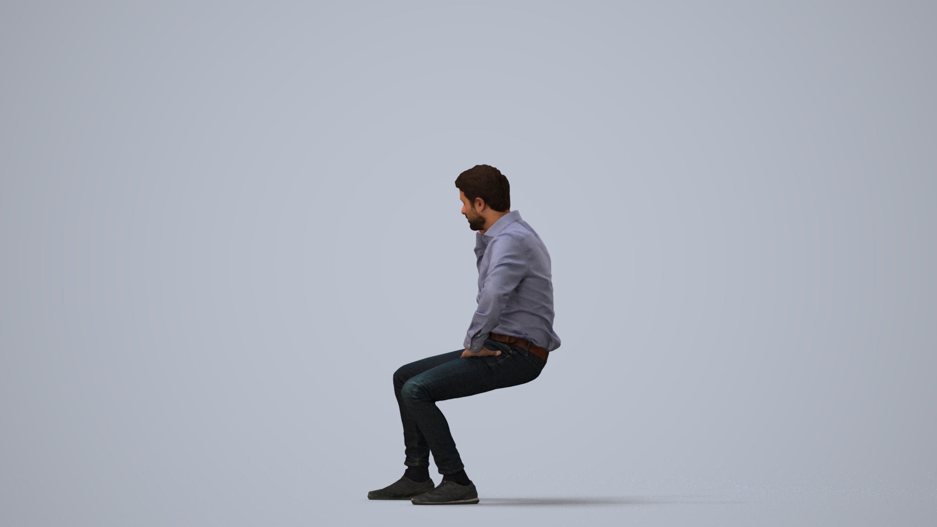 realistic 3D man business sitting, scanned archviz people for Blender and 3ds Max, three-quarter view render
