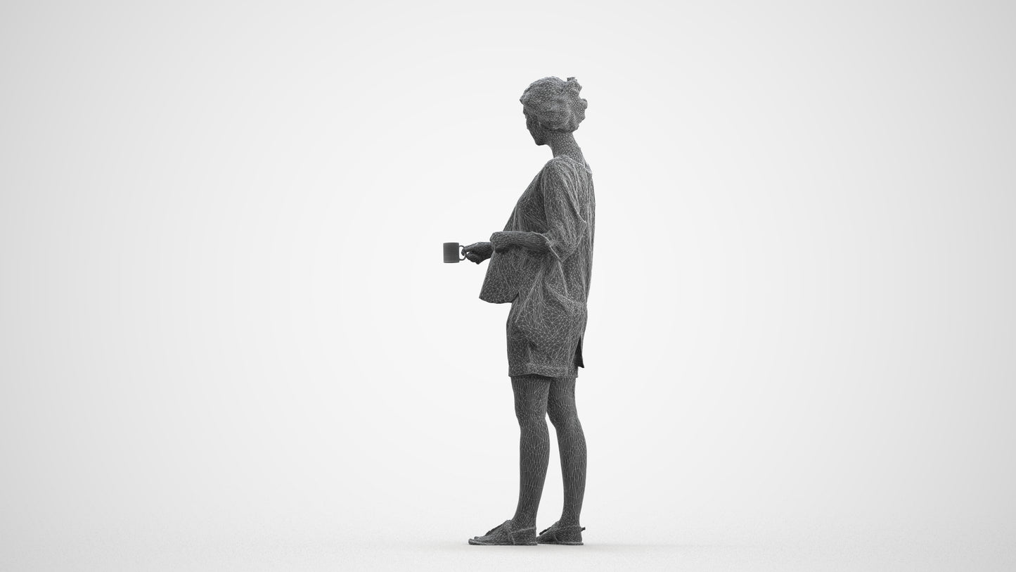 realistic 3D woman casual standing, scanned archviz people for Blender and 3ds Max, wireframe front view