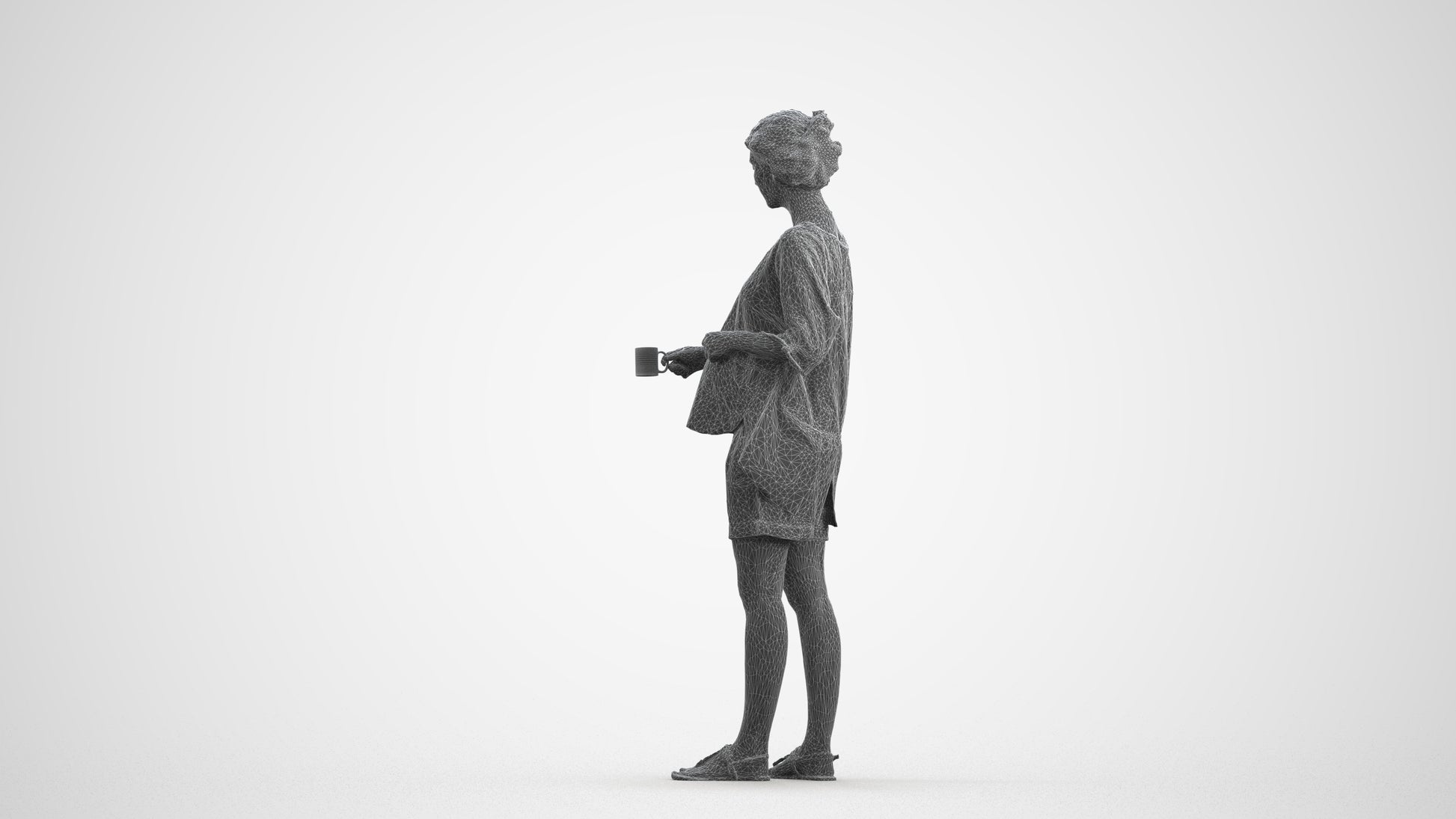 realistic 3D woman casual standing, scanned archviz people for Blender and 3ds Max, wireframe front view