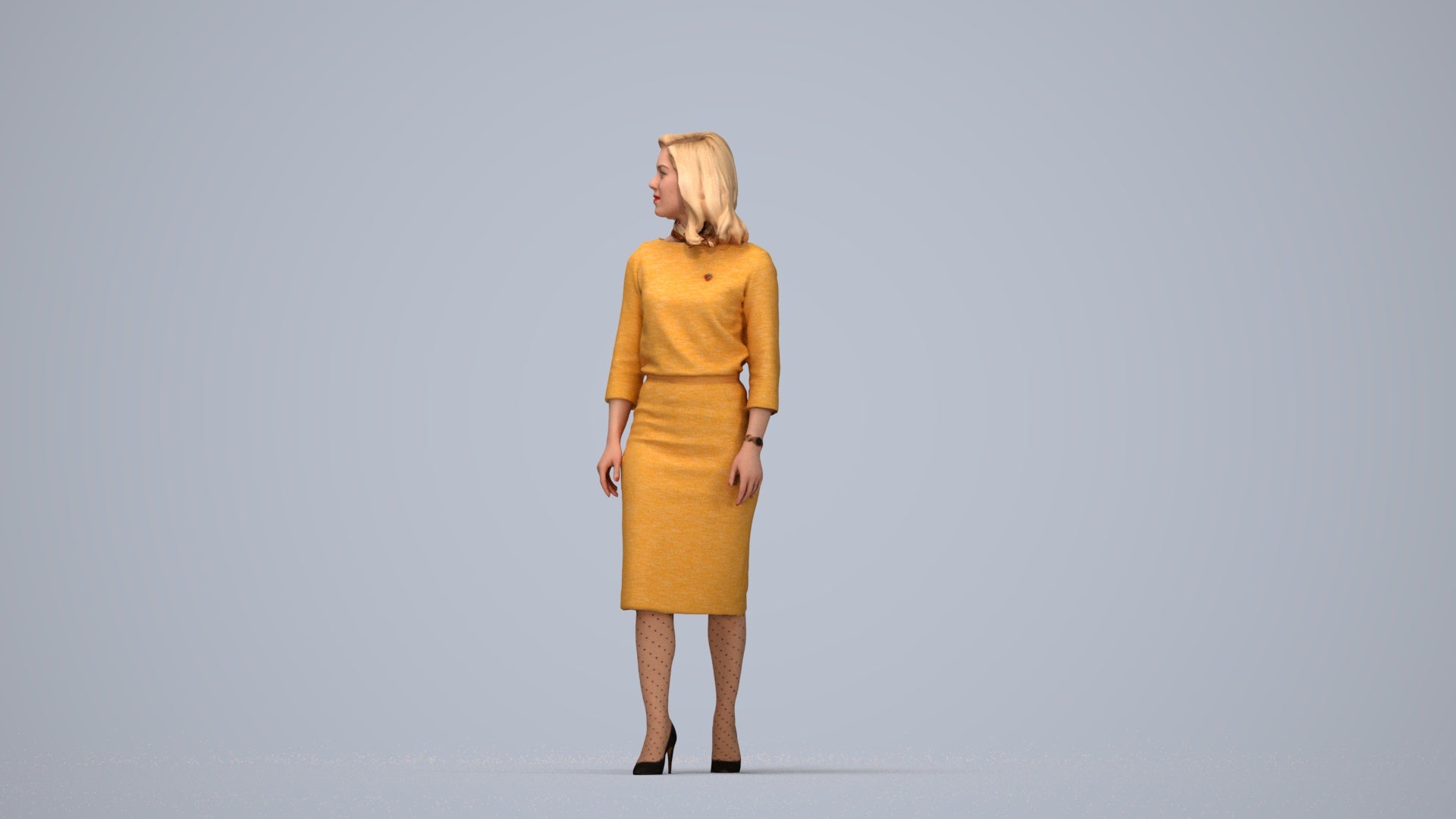 realistic 3D woman business standing, scanned archviz people for Blender and 3ds Max, top-down view render