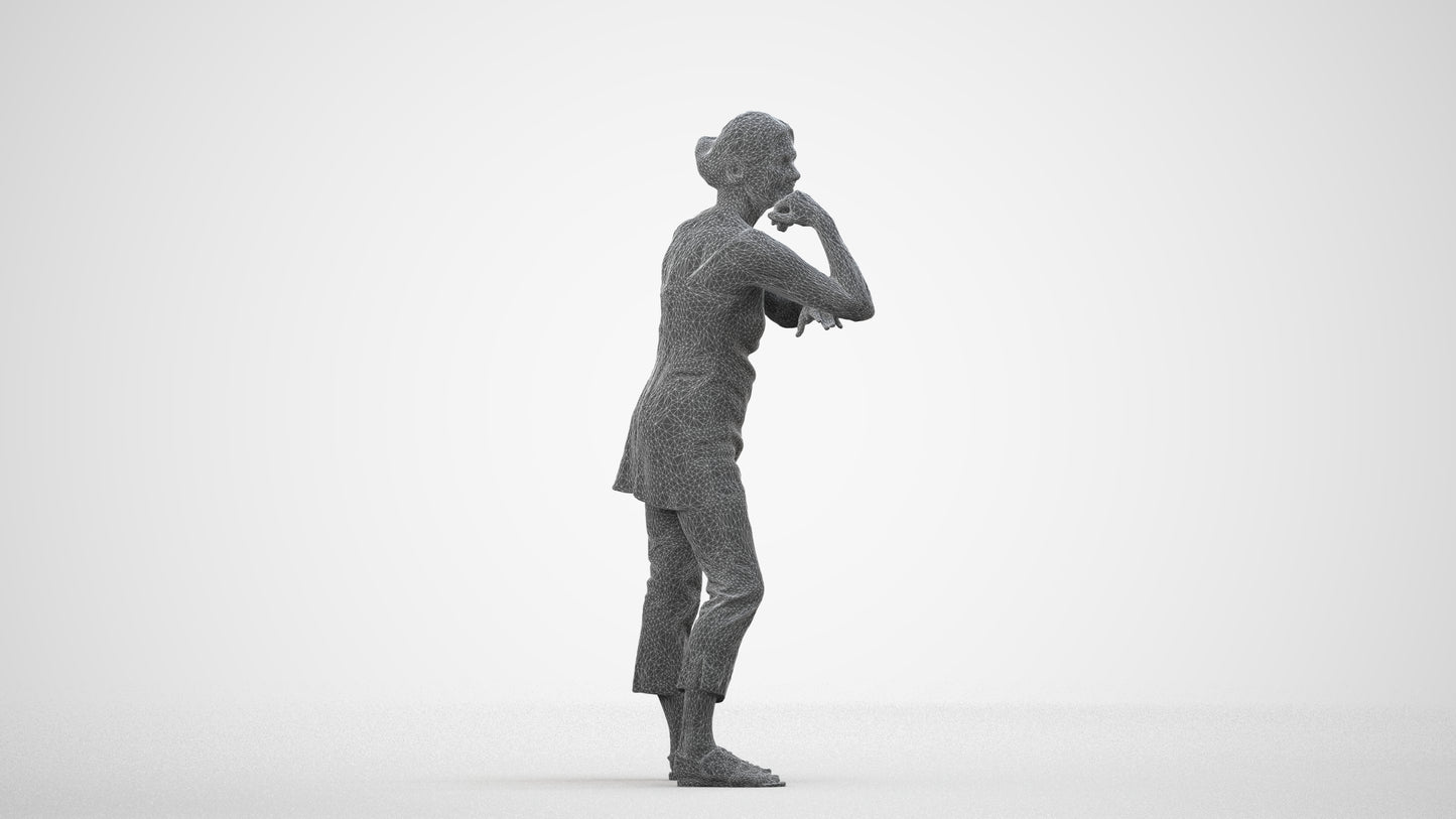photogrammetry 3D senior woman casual standing, realistic human model archviz FBX, wireframe side view