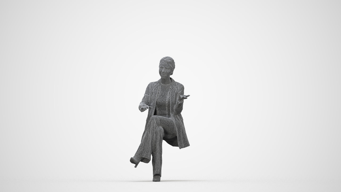 3D scanned woman sitting business, photorealistic archviz people for Enscape and SketchUp, wireframe back view