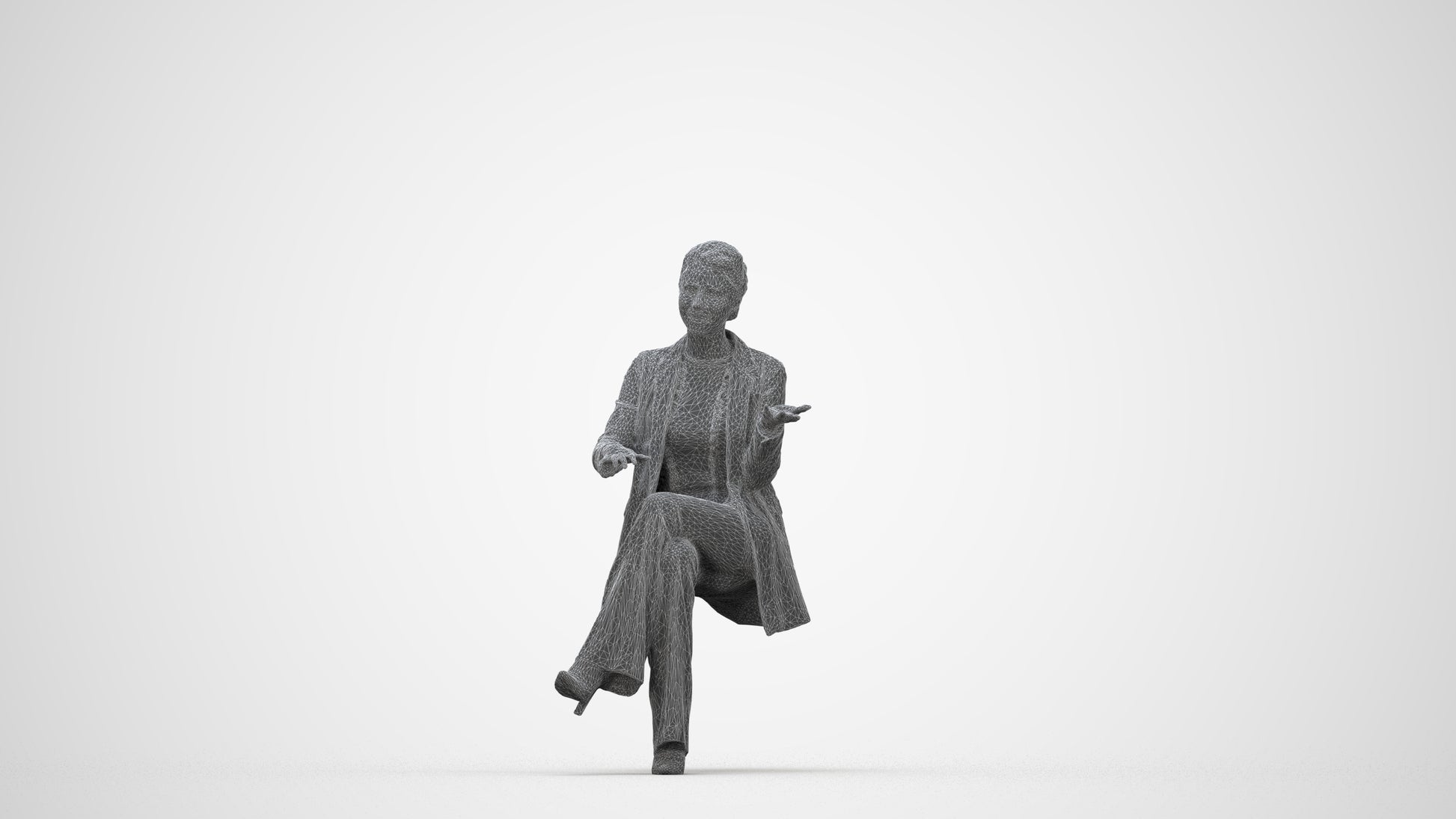 3D scanned woman sitting business, photorealistic archviz people for Enscape and SketchUp, wireframe back view