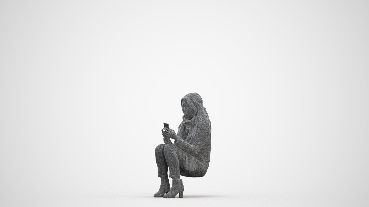 photogrammetry 3D woman casual sitting, realistic human model archviz FBX, three-quarter front view render