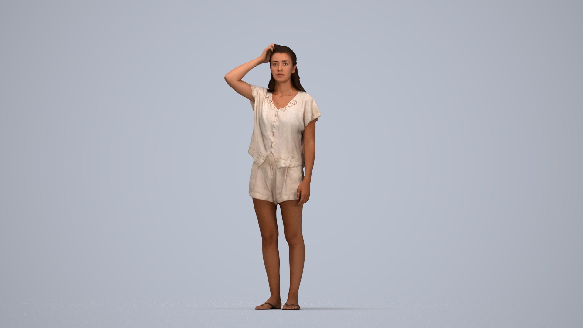 photogrammetry 3D woman casual standing, realistic human model archviz FBX, top-down view render
