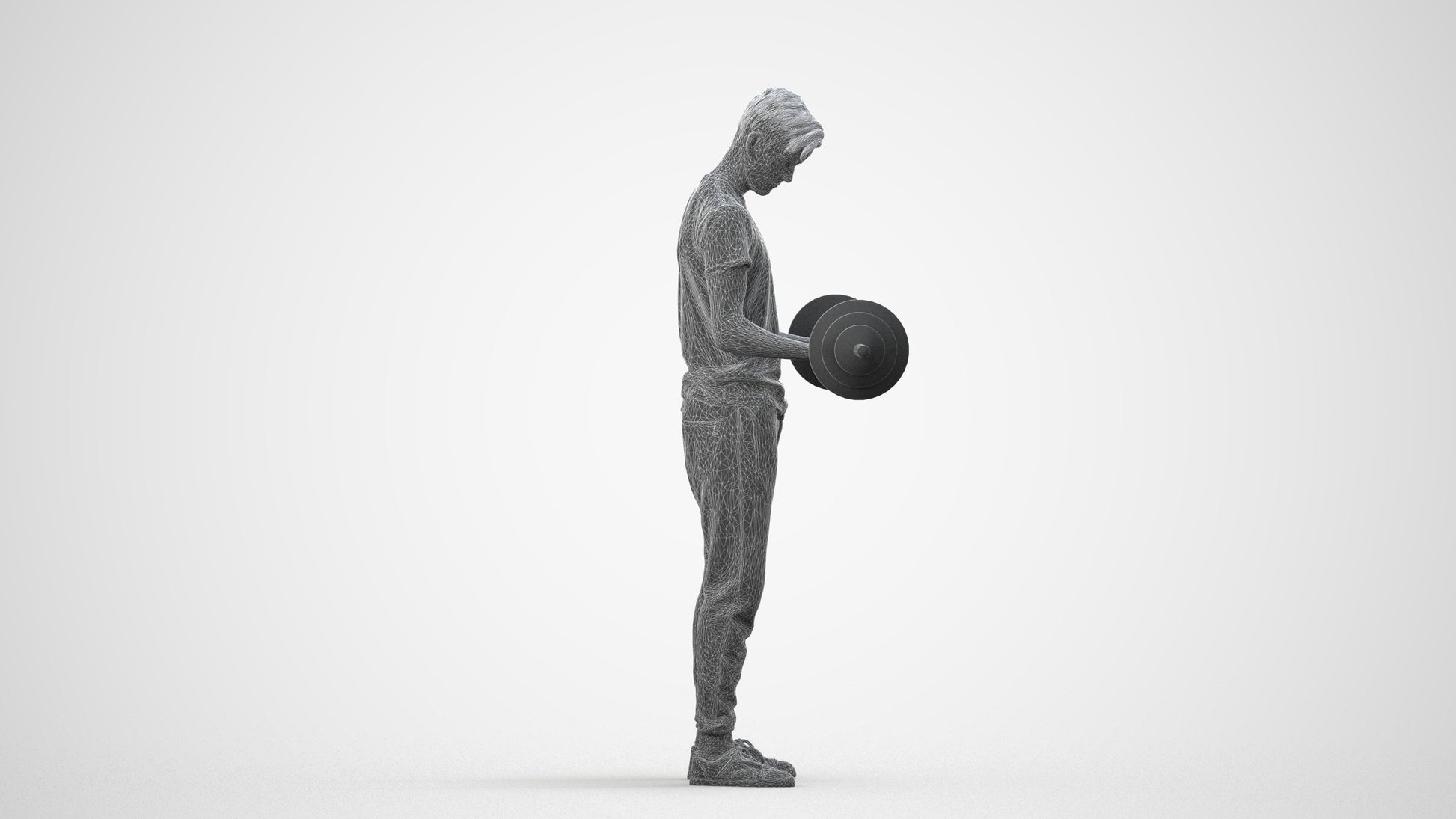 3D human model man sport, photogrammetry scanned person for archviz, wireframe side view