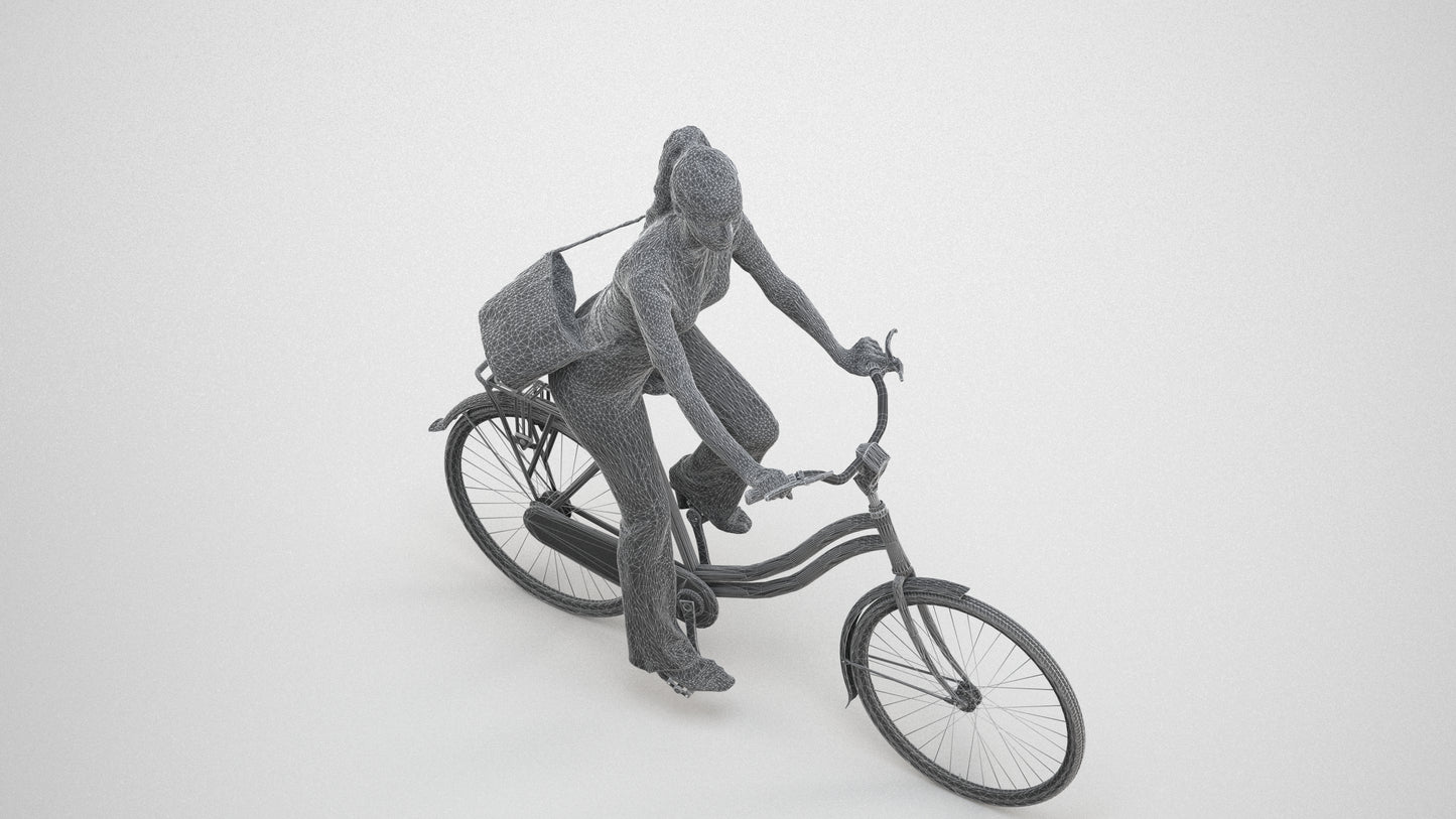 scanned 3D woman casual cycling, photogrammetry people for Enscape and V-Ray, wireframe three-quarter view