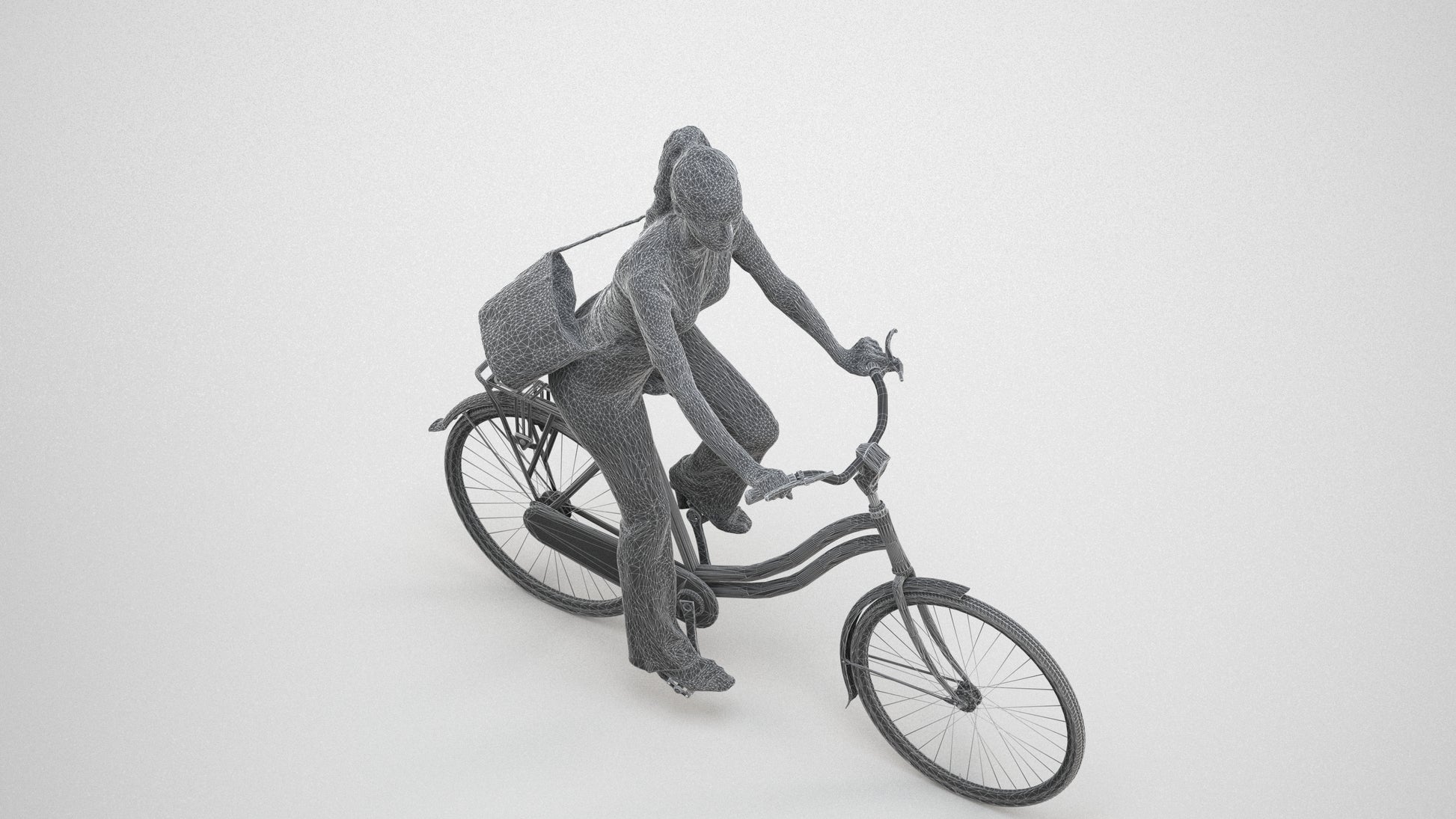 scanned 3D woman casual cycling, photogrammetry people for Enscape and V-Ray, wireframe three-quarter view