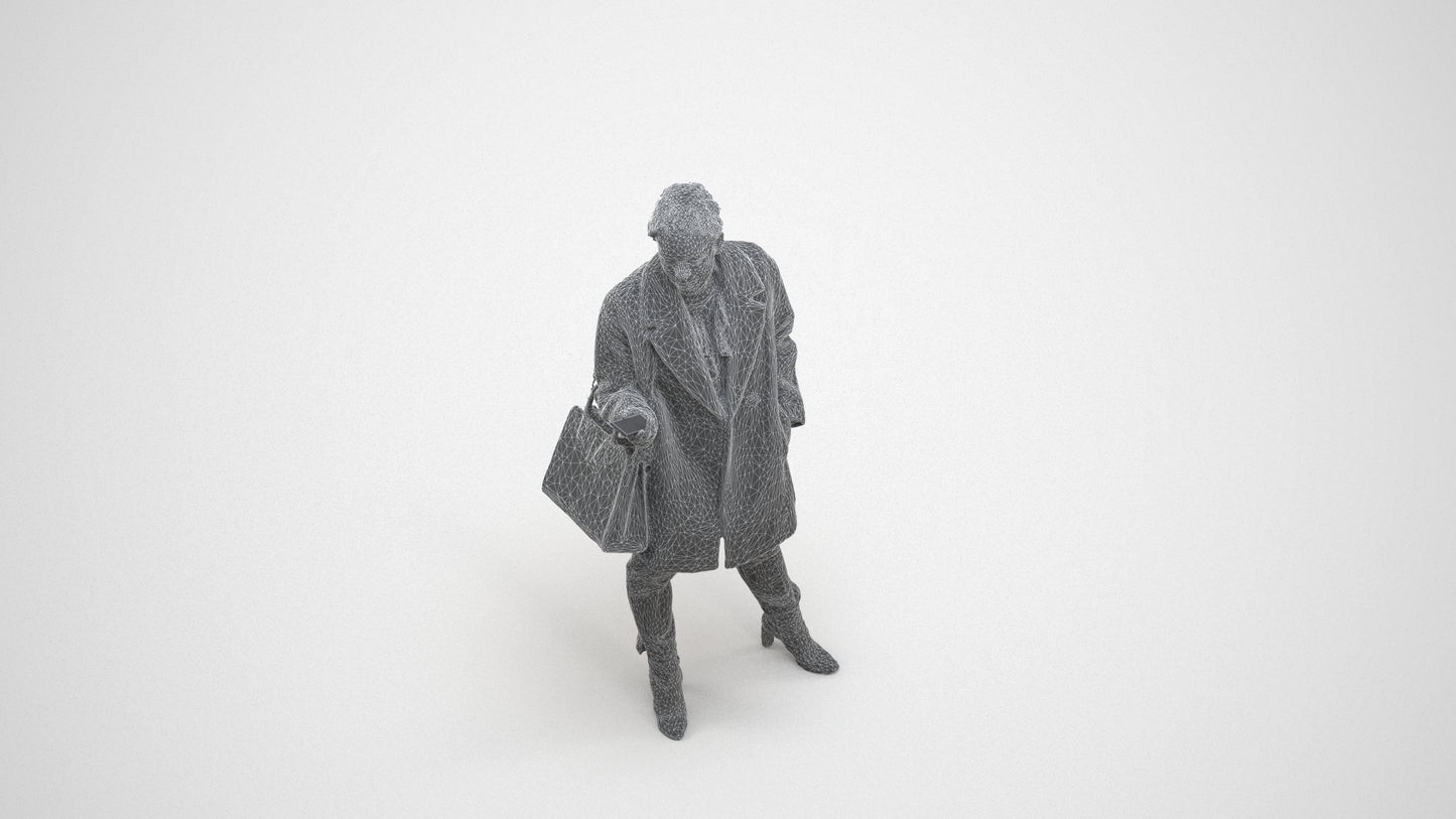 photogrammetry 3D woman business standing, realistic human model archviz FBX, wireframe three-quarter view