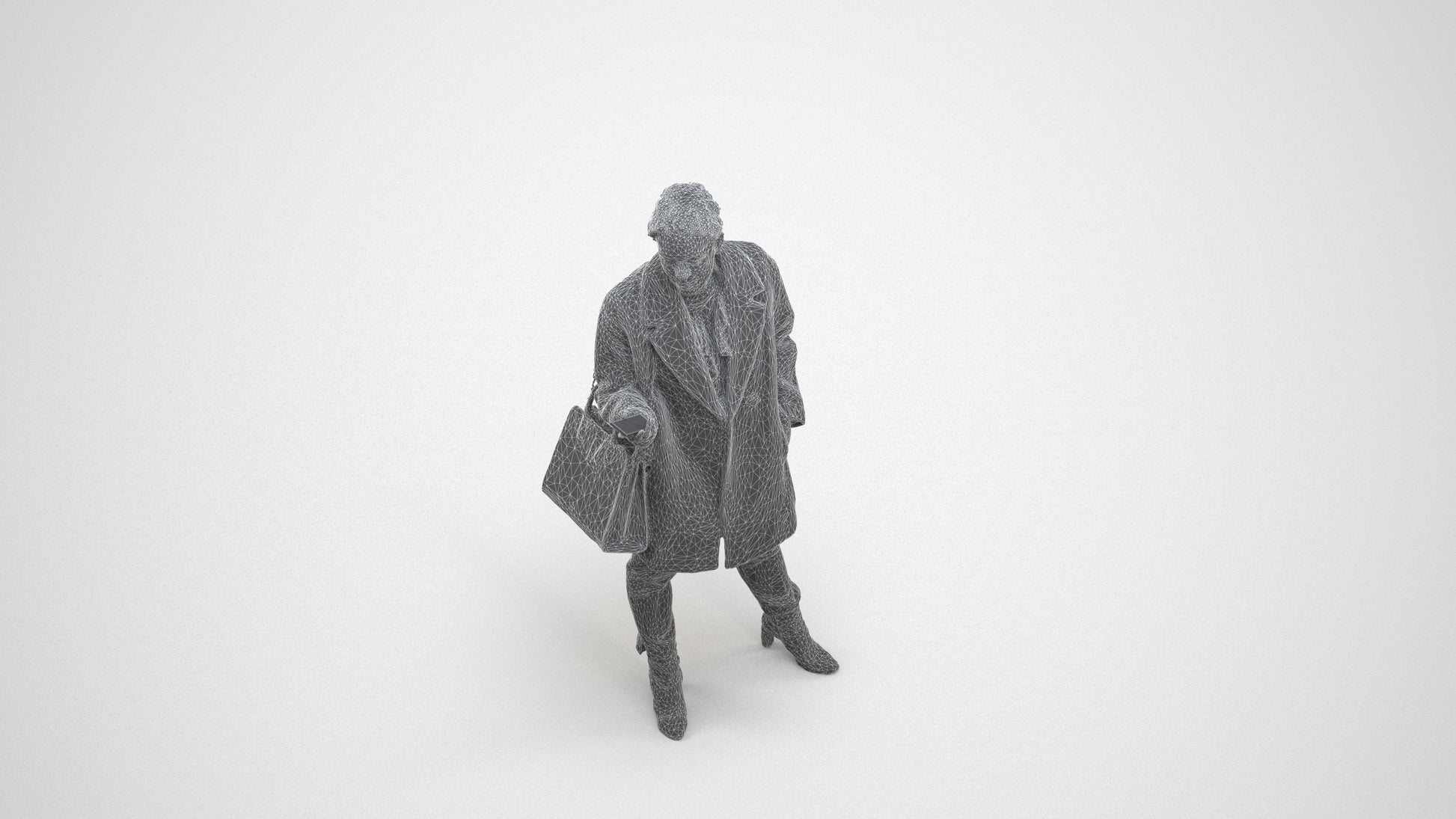 photogrammetry 3D woman business standing, realistic human model archviz FBX, wireframe three-quarter view