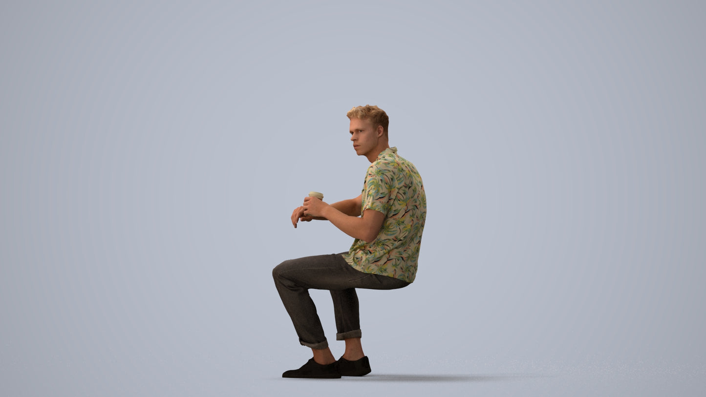 3D people model man casual sitting, scanned human for 3ds Max rendering, three-quarter view render