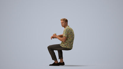 3D people model man casual sitting, scanned human for 3ds Max rendering, three-quarter view render