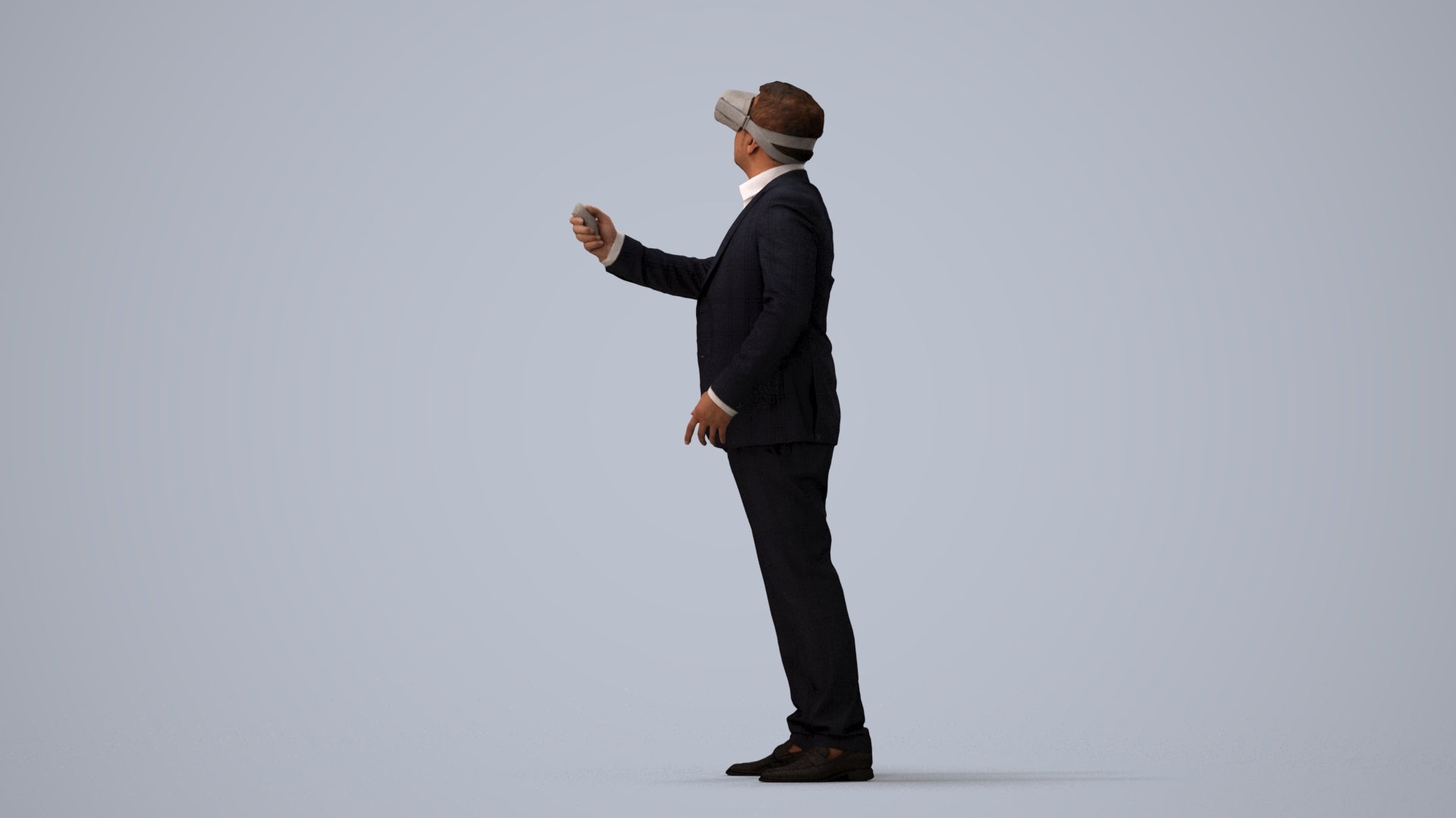realistic 3D human man business standing, archviz people FBX OBJ for Blender, three-quarter view render