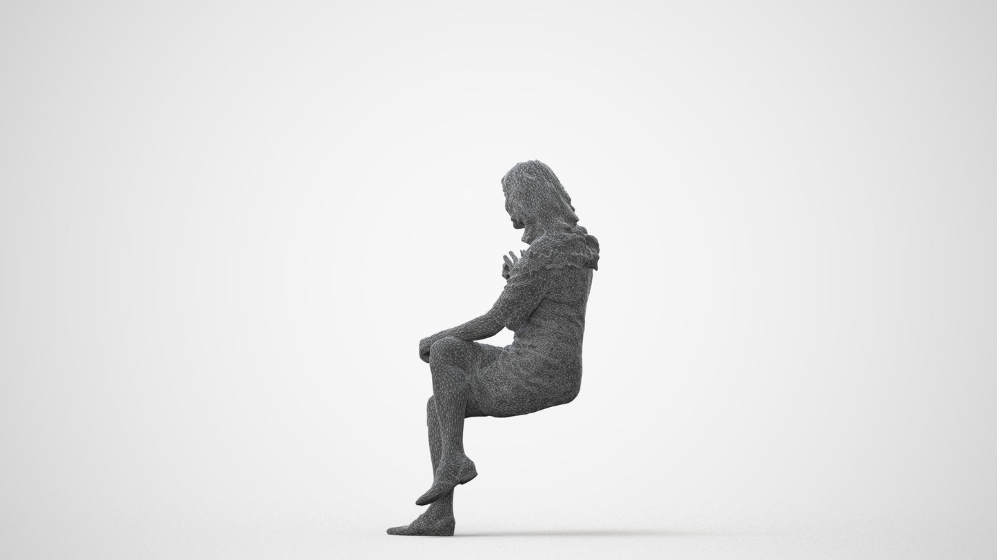 3D human model senior woman casual sitting, photogrammetry scanned person for archviz, square thumbnail