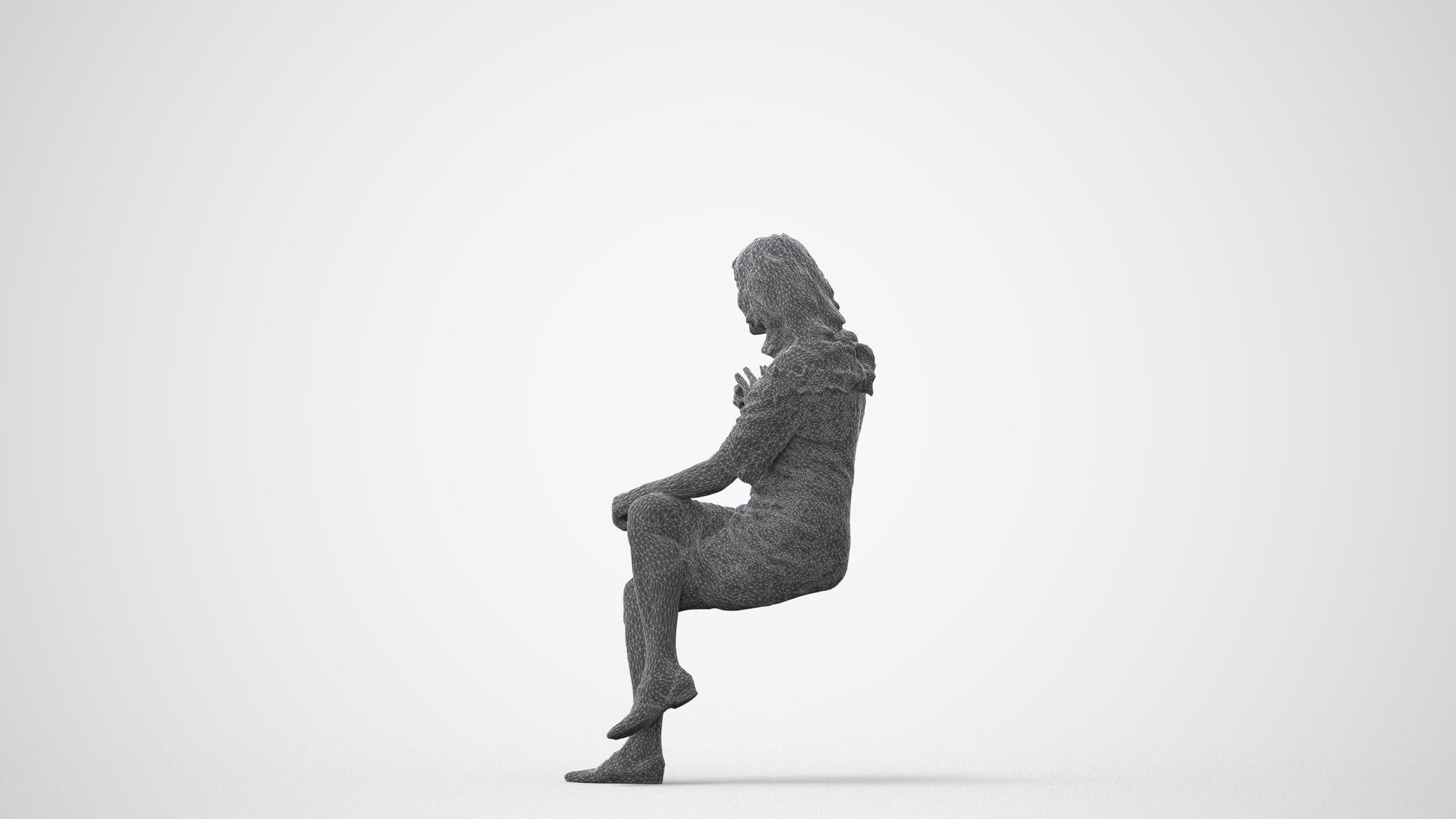 3D human model senior woman casual sitting, photogrammetry scanned person for archviz, square thumbnail