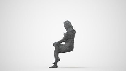 3D human model senior woman casual sitting, photogrammetry scanned person for archviz, square thumbnail